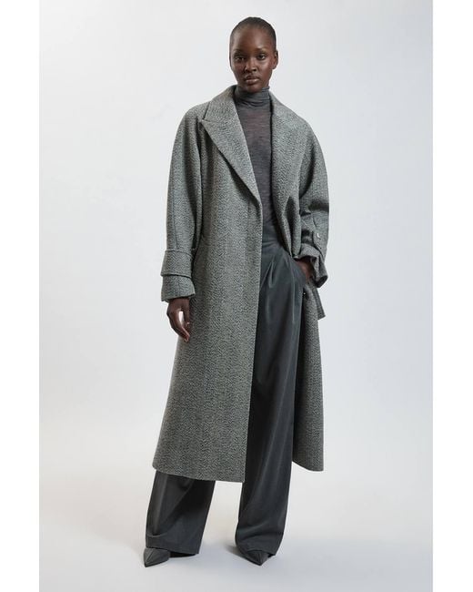 Karen Millen Gray Wool Herringbone Belted Maxi Trench Coat