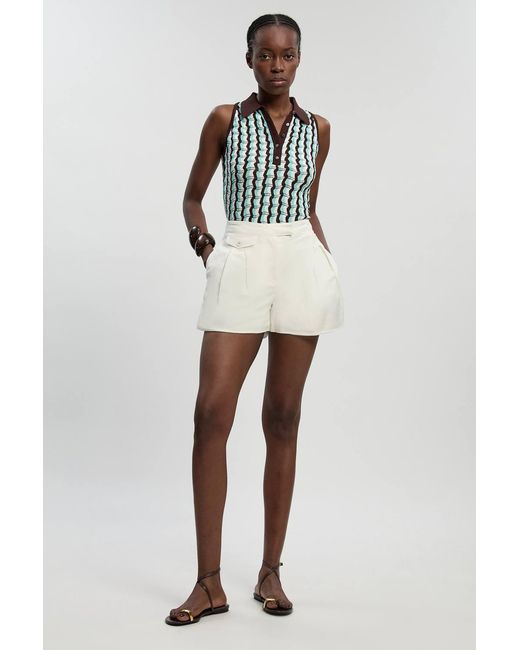 Karen Millen Natural Knit Contrast Collar Pointelle Sleeveless Midi Top