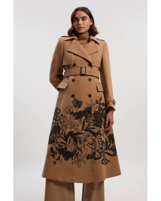 Karen Millen Brown Wool Placement Print Tailored Double Breasted Belted Midi Coat