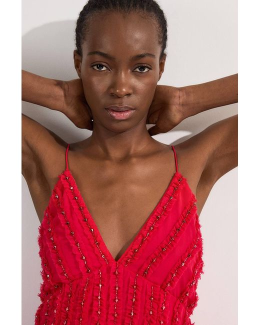 Karen Millen Red Embellished Ruffle Strappy Woven Maxi Dress