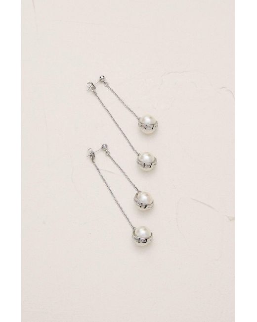 Karen Millen Brown Tone Logo Pearl Double Drop Earrings