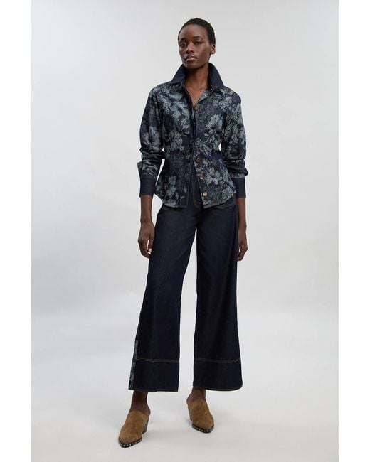 Karen Millen Blue Jacquard Denim Contrast Collar And Cuff Shirt
