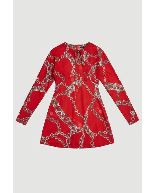 Karen Millen Red Chain Print Crepe Mini Dress