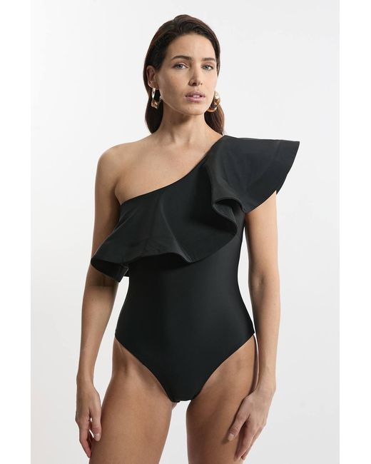 Karen Millen Black Drama Ruffle One Shoulder Swimsuit