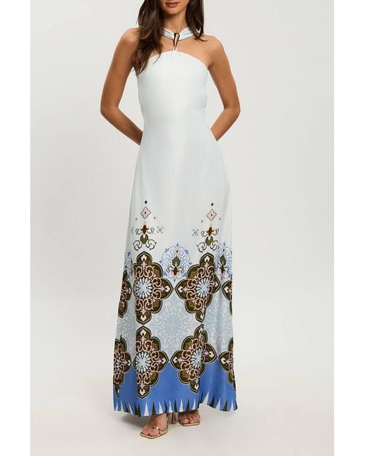 Karen Millen White Petite Tile Print Satin Viscose Halterneck Maxi Dress