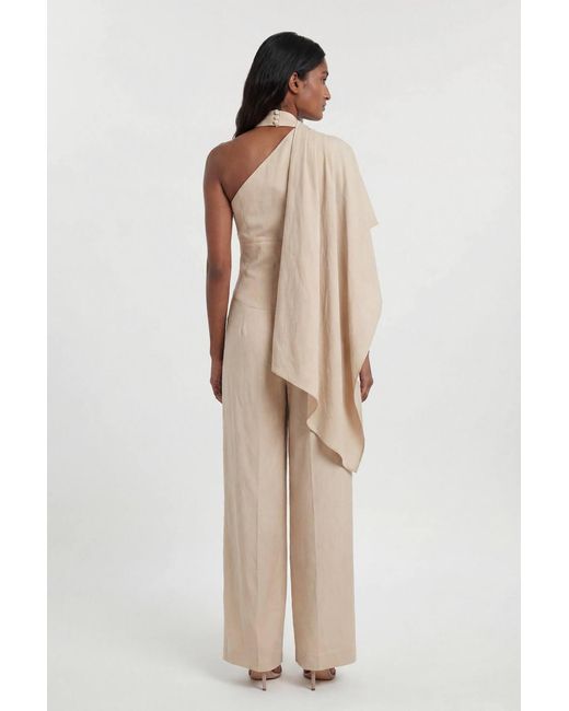 Karen Millen Natural Premium Tailored Linen High Neck One Shoulder Wide Leg Jumpsuit