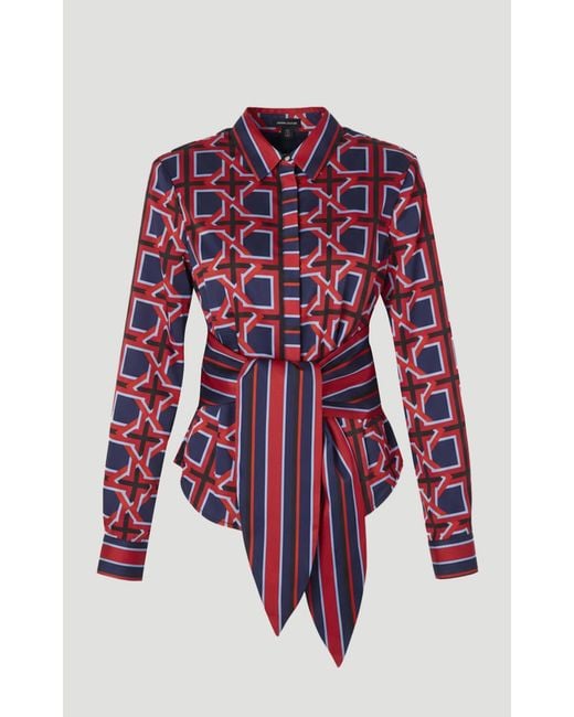 Karen Millen Geo Print Hammered Satin Tie Waist Woven Shirt
