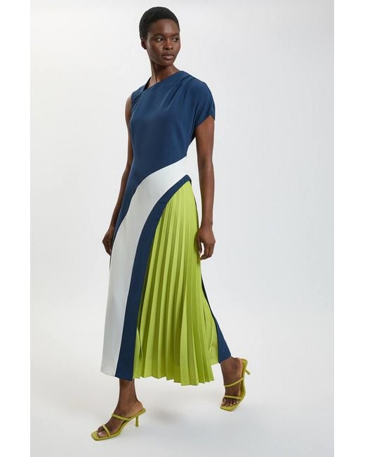 Karen Millen Blue Petite Soft Tailored Colour Block High Neck Pleated Midi Dress