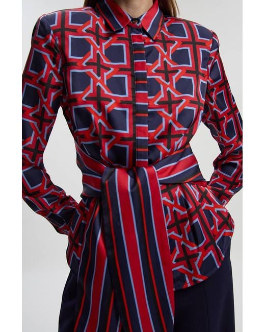 Karen Millen Geo Print Hammered Satin Tie Waist Woven Shirt