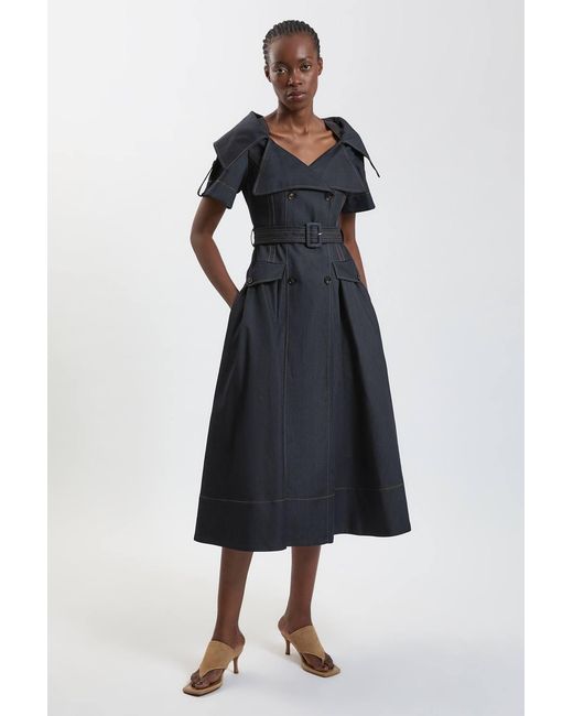 Karen Millen Blue Tailored Denim Trench Belted Full Skirted Midi Dress