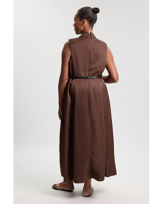 Karen Millen Brown Plus Size Premium Viscose Linen Tailored Belted Full Skirted Midi Dress
