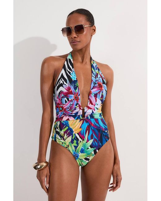 Karen Millen Blue Tropical Floral Plunge Swimsuit