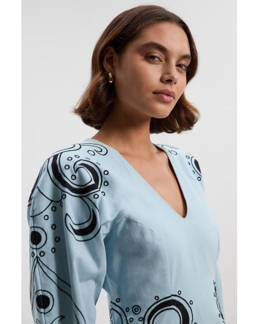 Karen Millen Blue Petite Baroque Embroidered Long Sleeve Twill Woven Midi Dress