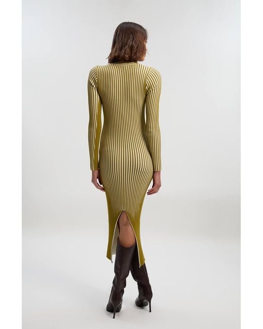 Karen Millen Green Stripe Fitted Long Sleeve Knitted Midi Dress