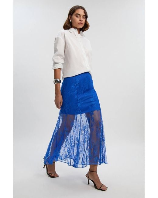 Karen Millen Blue Petite Sheer Lace Godet Woven Midi Skirt