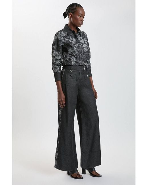 Karen Millen Blue Denim & Jacquard Contrast Wide Leg Jeans