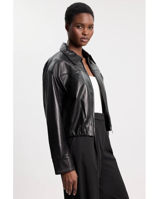 Karen Millen Black Leather Collared Bomber Jacket