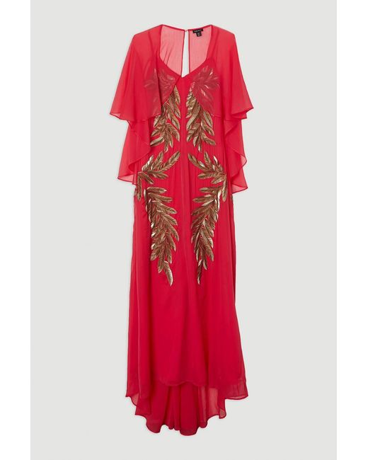 Karen Millen Red Feather Embellished Woven Cape Sleeve Maxi Dress