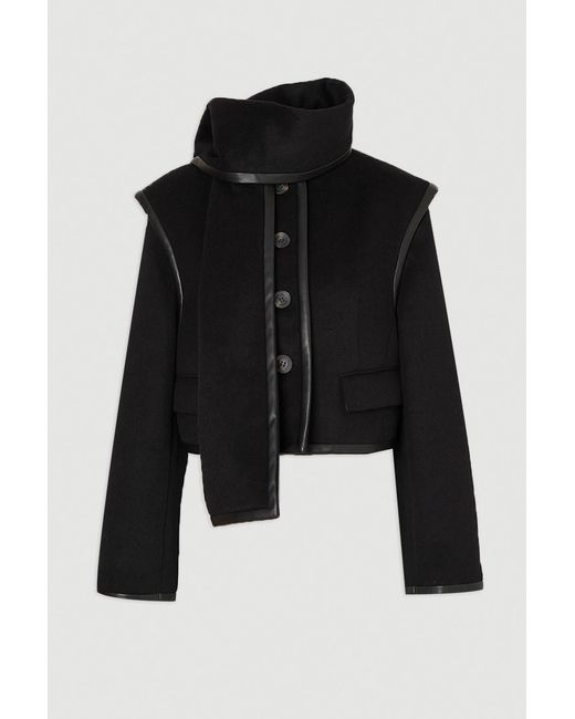 Karen Millen Black Brushed Wool Pu Mix Detachable Scarf Tailored Crop Coat