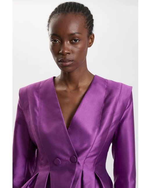 Karen Millen Purple Structured Satin Peplum Tailored Blazer