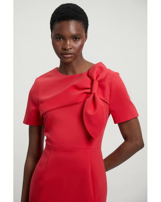 Karen Millen Red Compact Stretch Bow Detail Pencil Dress