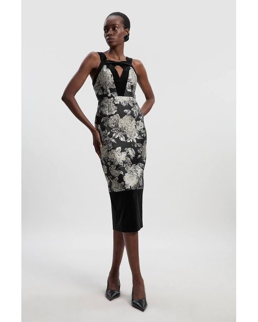 Karen Millen Multicolor Velvet And Jacquard Contrast Strappy Tailored Midi Dress