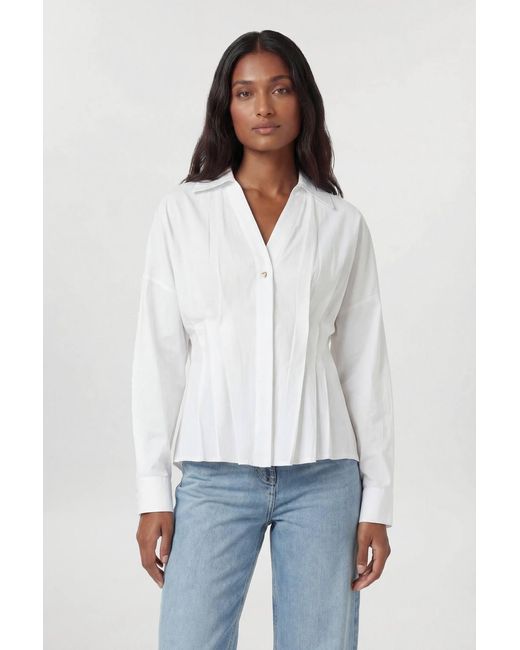 Karen Millen Blue Cotton Pleated Detail Long Sleeve Shirt