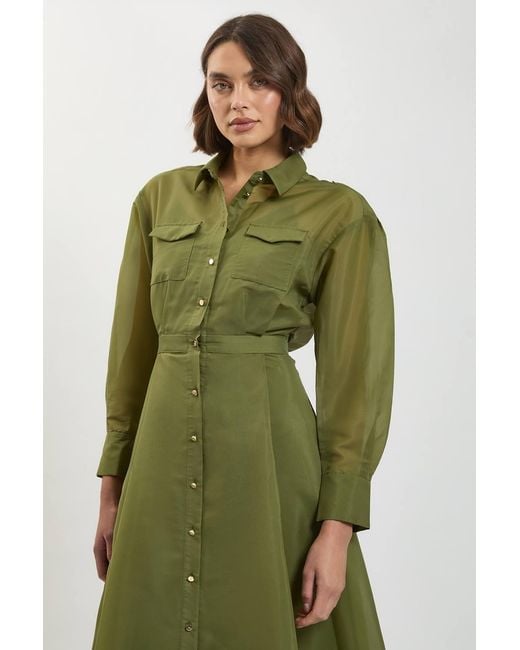 Karen Millen Green Trim Detail Organdie Midi Shirt Dress
