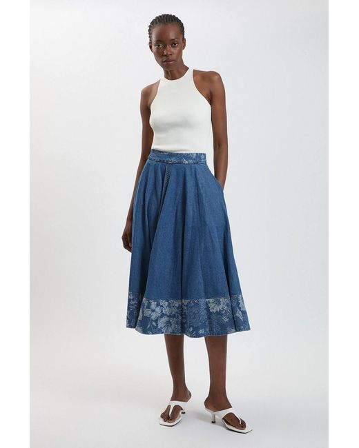 Karen Millen Blue Jacquard Denim Full Skirt
