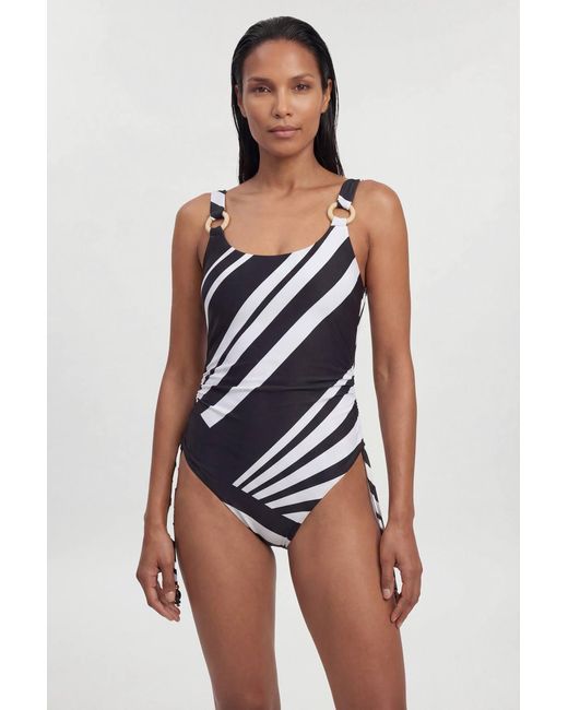 Karen Millen Multicolor Stripe Print With Bead Detail Low Back Swimsuit