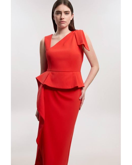 Karen Millen Red Compact Stretch Ruffle Peplum Belted Pencil Midi Dress