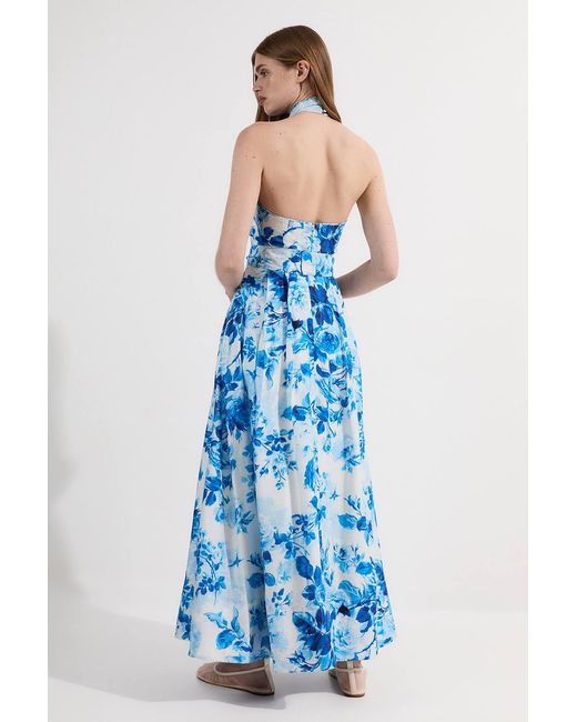 Karen Millen Blue Petite Rosette Ruffle Woven Maxi Halter Dress