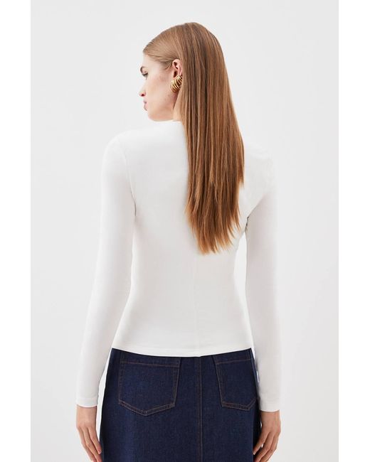Karen Millen White Stretch Cotton Crew Neck Long Sleeve Top