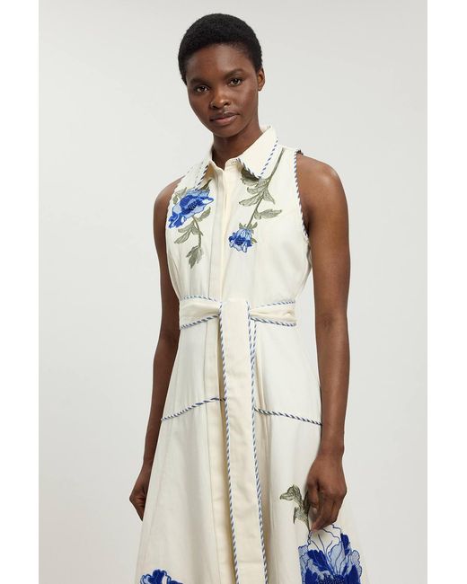 Karen Millen Natural Floral Applique Belted Midi Dress