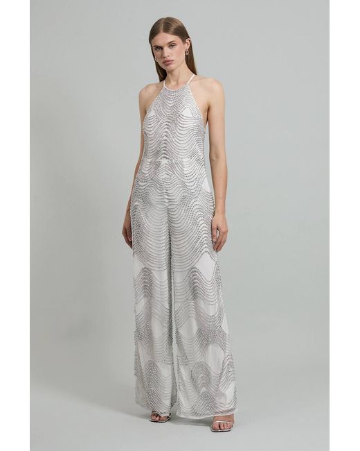 Karen Millen Gray Embellished Geo Halter Woven Jumpsuit