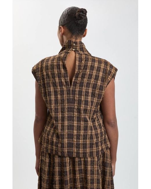 Karen Millen Brown Plus Size Beaded Check Print High Neck Top