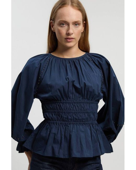 Karen Millen Blue Shirred Cotton Balloon Sleeve Blouse