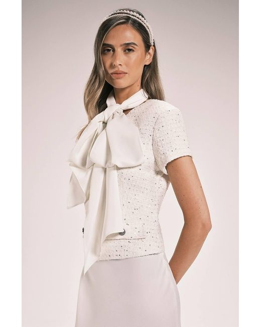 Karen Millen Pink Boucle Tailored Tie Neck Satin Mix Midi Dress