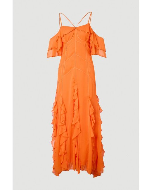 Karen Millen Brown Crinkle Beaded Cold Shoulder Maxi Dress
