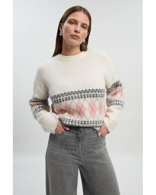 Karen Millen Gray Premium Alpaca Wool Blend Fairisle Knitted Jumper