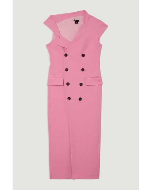 Karen Millen Pink Compact Stretch Asymmetric Collar Tailored Pencil Maxi Dress
