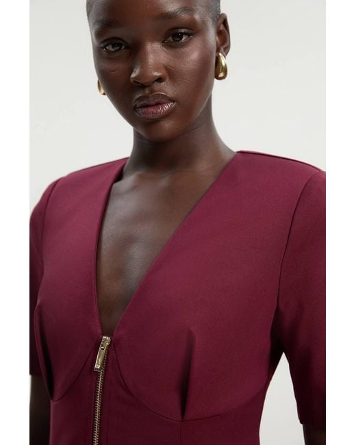 Karen Millen Red Techno Cotton Short Sleeve Zip Detail Woven Mini Dress