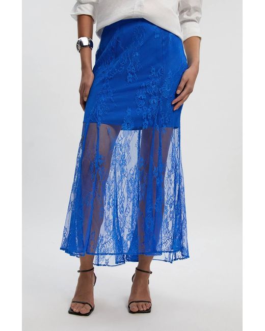 Karen Millen Blue Petite Sheer Lace Godet Woven Midi Skirt