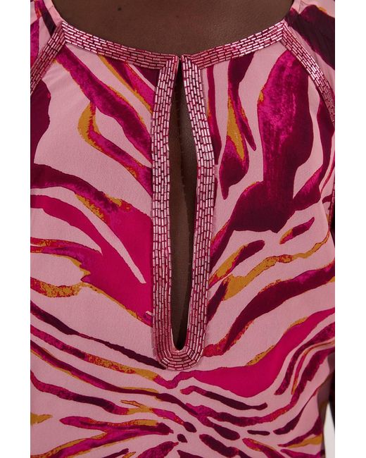 Karen Millen Red Animal Print Georgette Embellished Short Sleeve Woven Maxi Dress