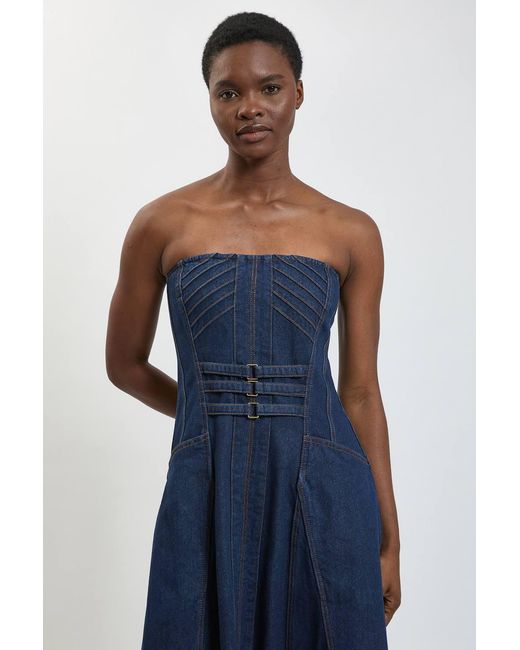 Karen Millen Blue Denim Bandeau Corset Detail Midi Dress