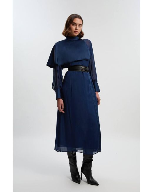 Karen Millen Blue Military Sheer Cape Detail Woven Maxi Dress