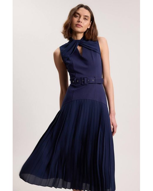 Karen Millen Blue Ponte And Textured Georgette Button Mix Cut Out Detail Pleated Maxi Dress