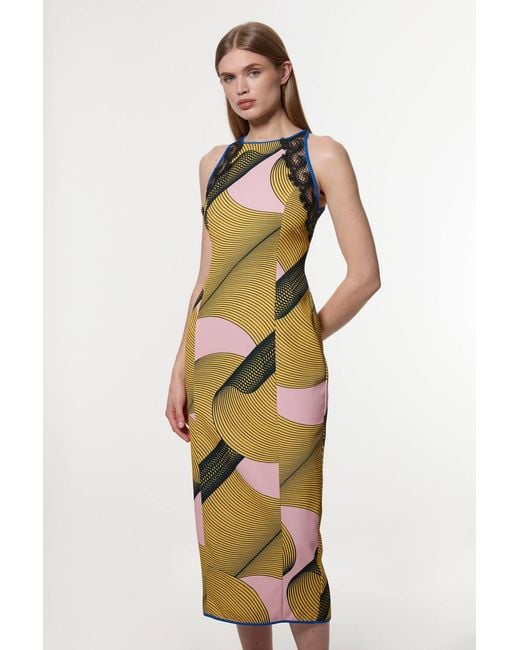 Karen Millen Metallic Amelia Graham Printed Cady Lace Detail Woven Midi Dress