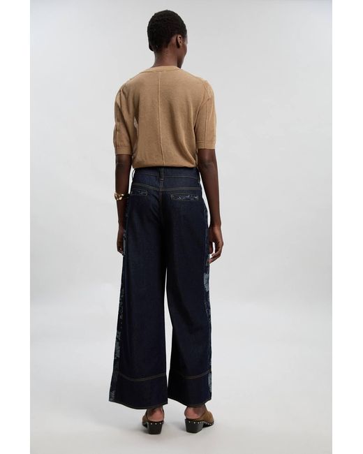 Karen Millen Black Denim & Jacquard Contrast Wide Leg Jeans