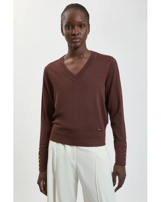 Karen Millen Brown Forever Viscose Blend Knitted Stitch Detail V Neck Long Sleeve Jumper